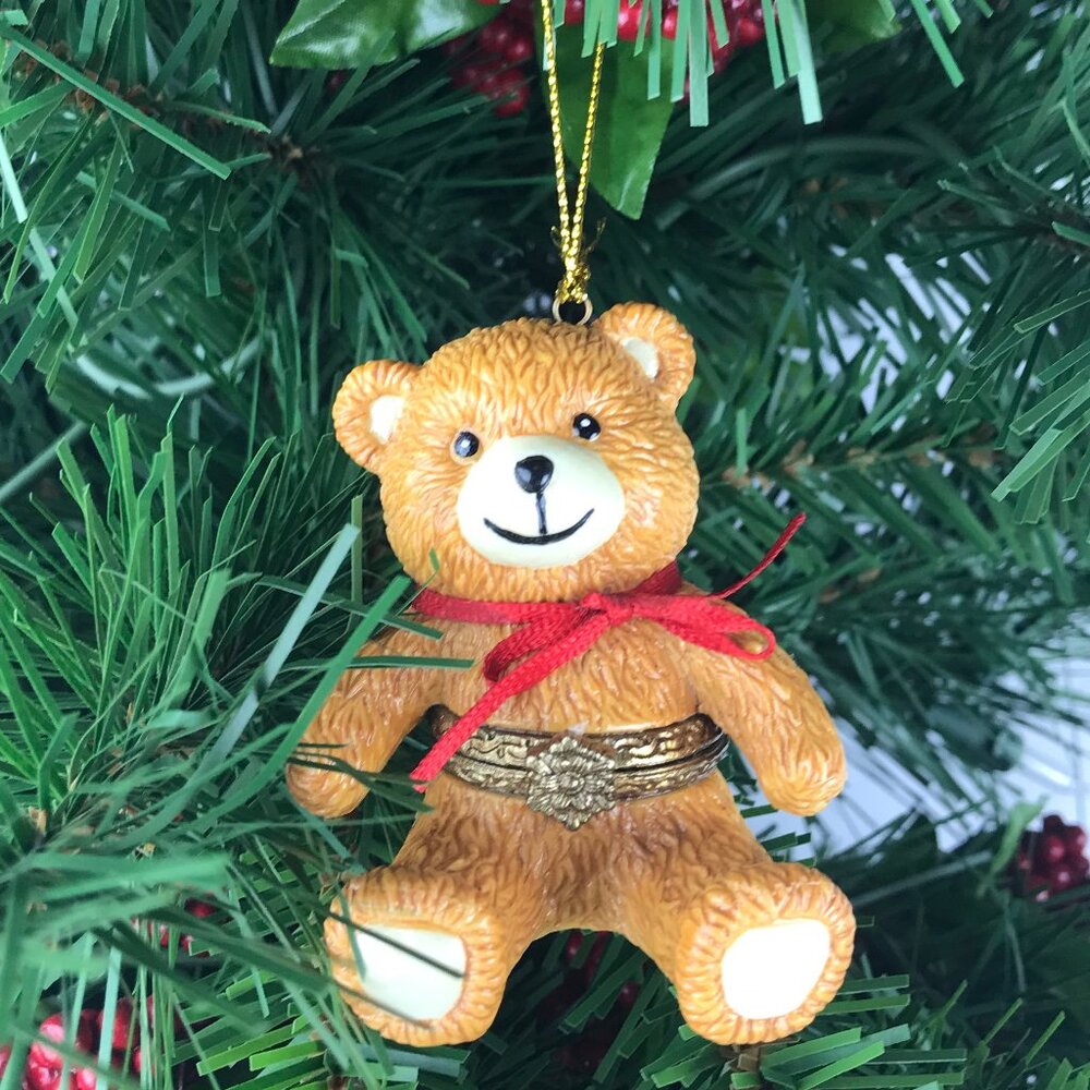 Teddy Bear Porcelain Surprise Gift Hinged Trinket Box Christmas Ornament
